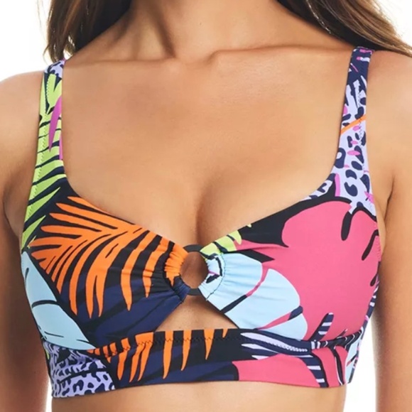 Bar III Womens Palm Prowl Multicolor Tropical Banded O Ring Bikini Swim Top - Picture 1 of 15